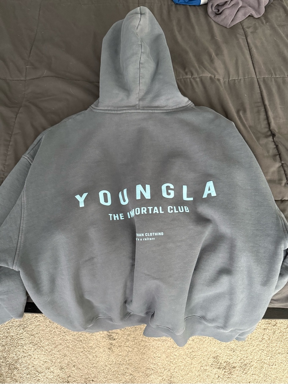 YoungLA Hoodie in Slate Gray with Light Blue Logo